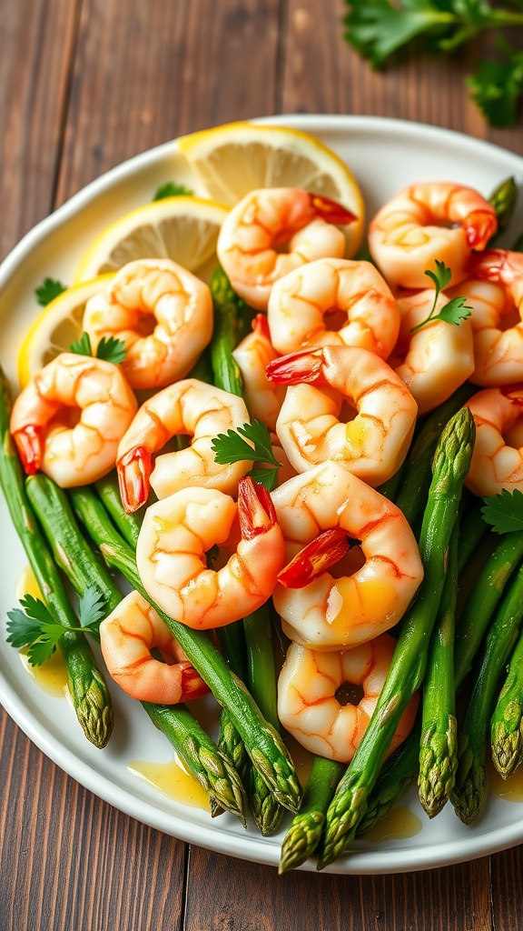 Plated garlic butter shrimp with asparagus, garnished with parsley and lemon, on a rustic wooden table.